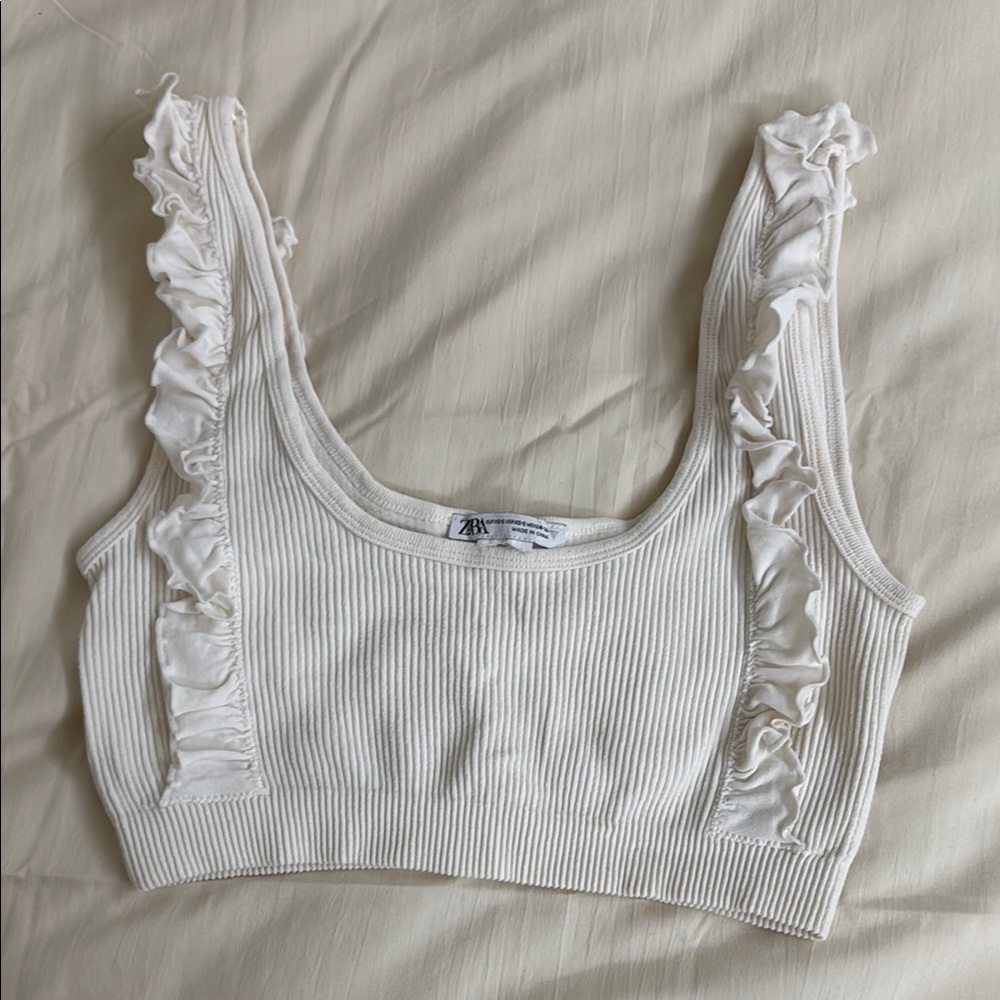 Zara White Ribbed Crop Tank Top